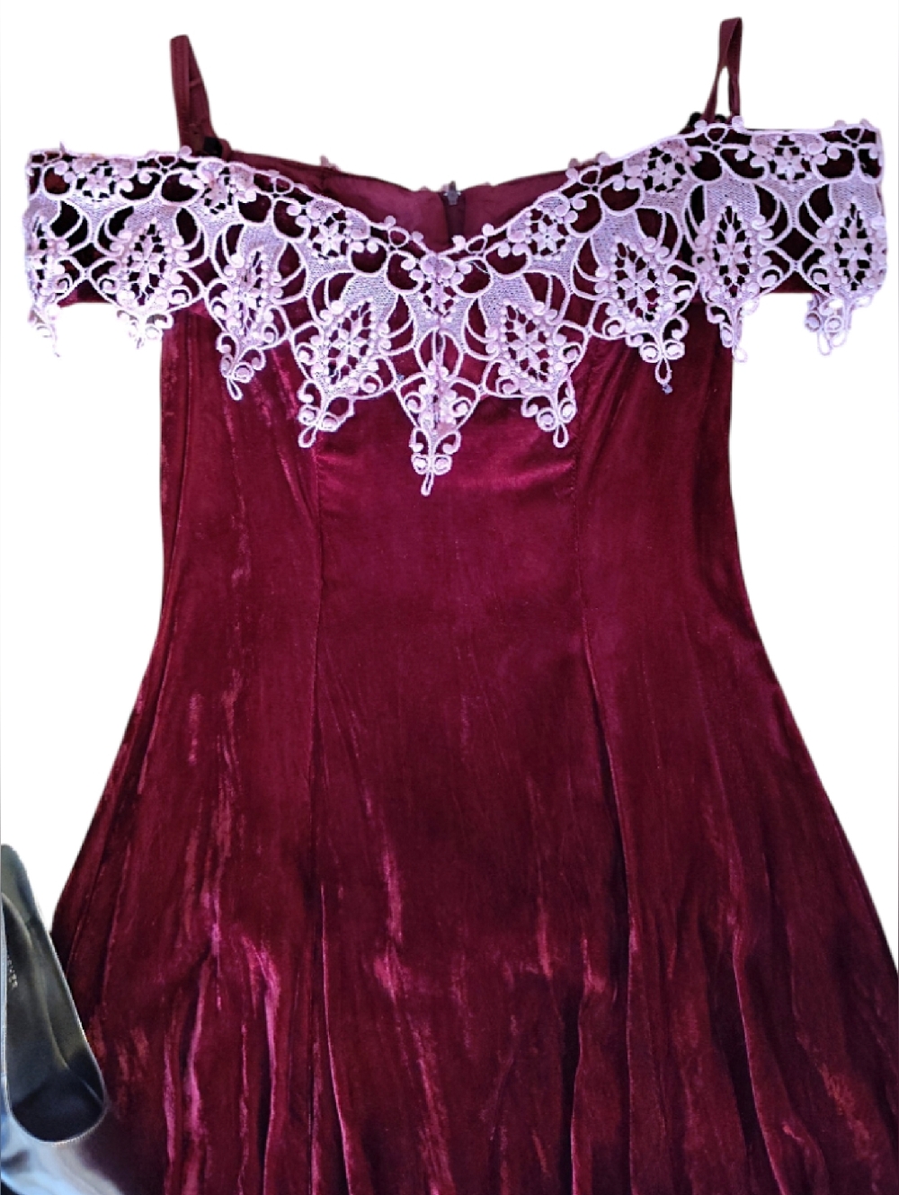 VTG 80s Burgundy Velvet Pink Brocade High Low Midi Prom Dress SZ 15/ 16 - Picture 5 of 13
